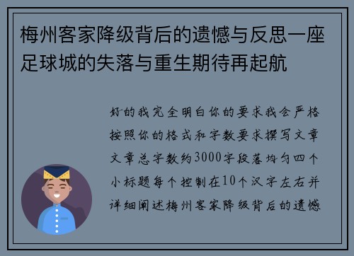 梅州客家降级背后的遗憾与反思一座足球城的失落与重生期待再起航 梅州客家降级背后的遗憾与反思一座足球城的失落与重生期待再起航